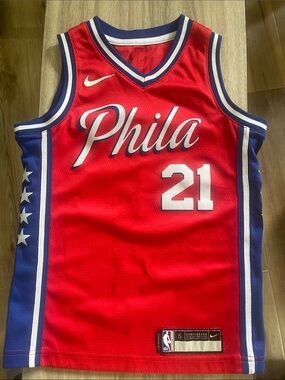 Nike Red Phila #21 Basketball Jersey with Blue & White Accents